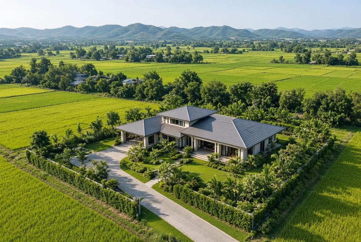 A modern home among green rice fields