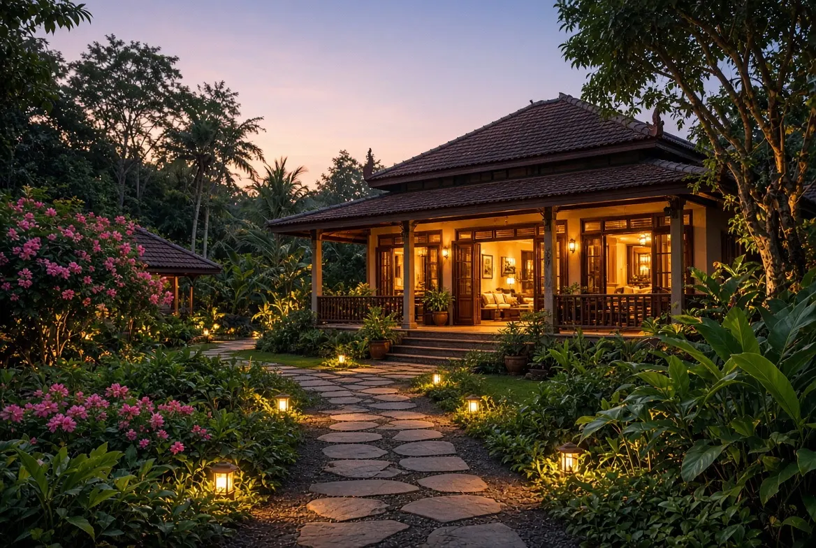A teak house glowing at dusk